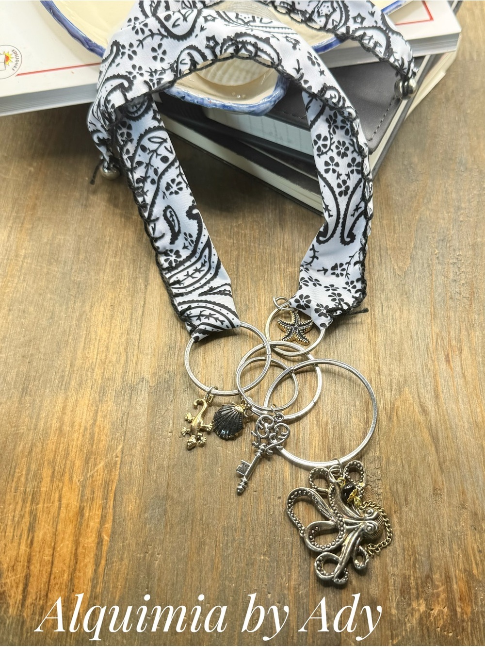 Black and White Bandana Necklace with Mixed Metal Sea Charms